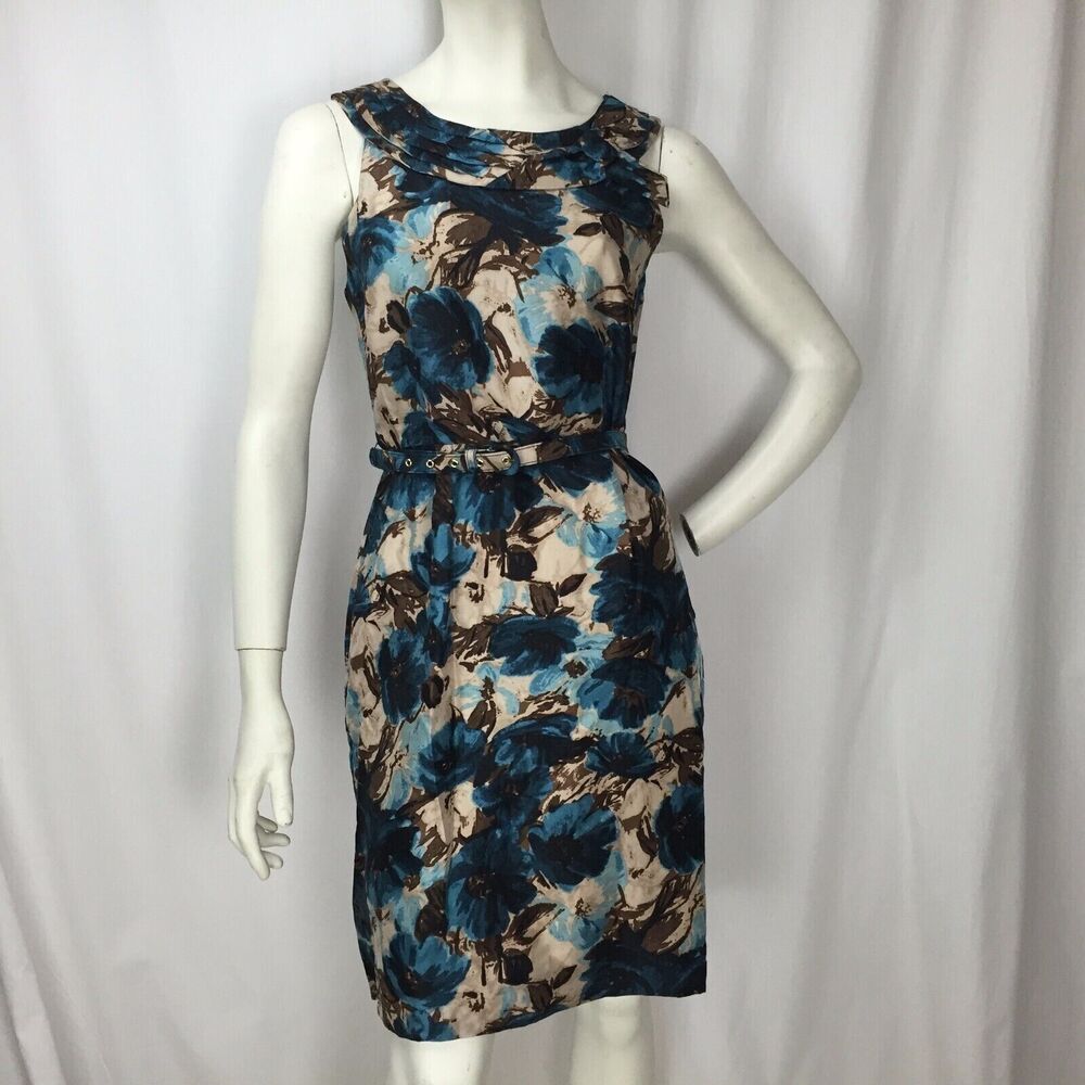 Kate Spade New York Blue & Brown Floral Sleeveless Silk Belted Dress Sz 6